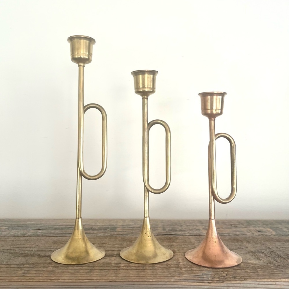 Set of Brass and Copper Trumpet Candle Holders